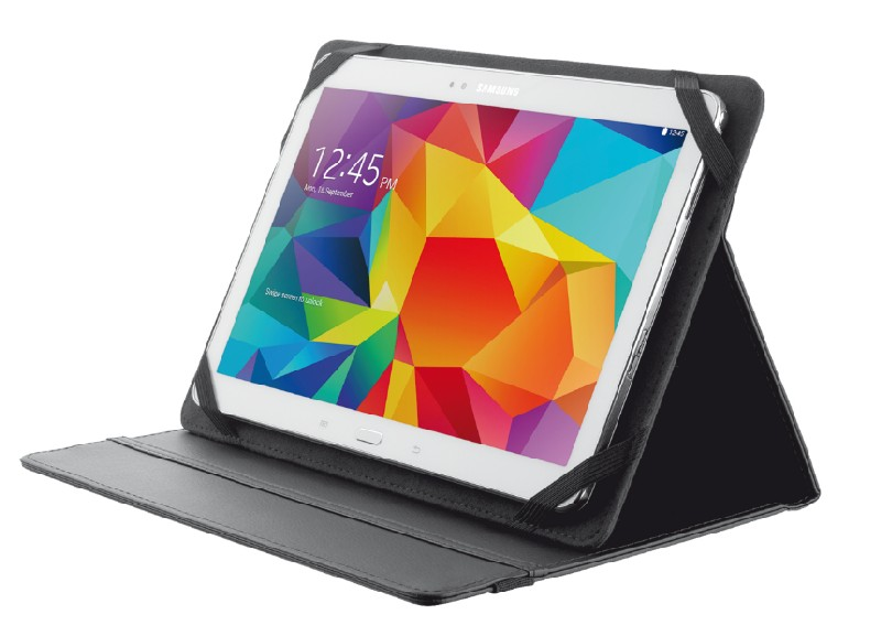 Tableta Samsung blanca en funda negra. Pantalla muestra íconos coloridos y hora 12:45. Correas negras aseguran.
