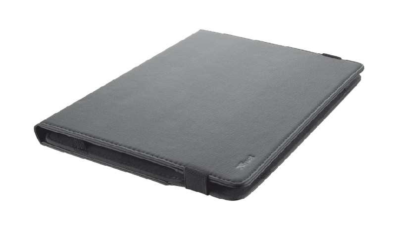 Funda de tableta gris cerrada con banda elástica lateral, sobre fondo blanco.