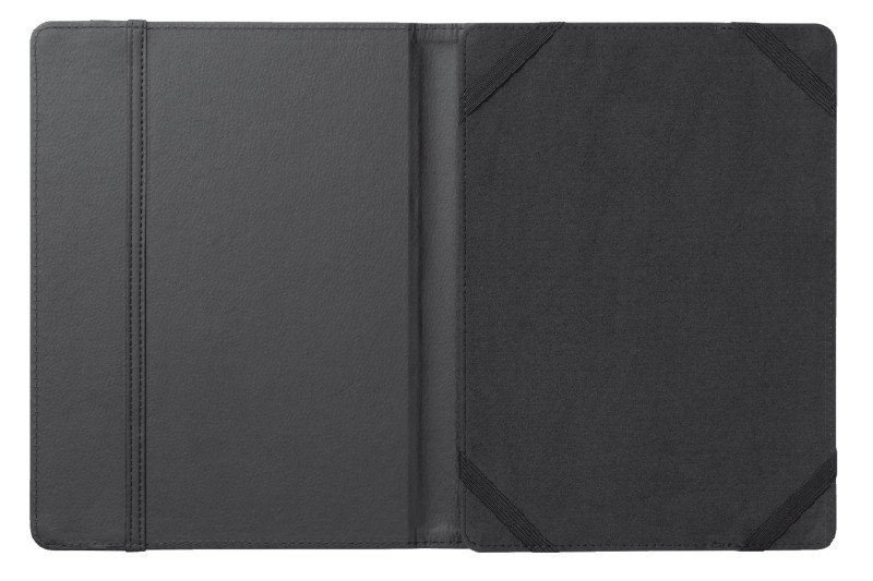 Un cuaderno de cuero negro abierto. La cubierta tiene bandas elásticas para cerrarlo.