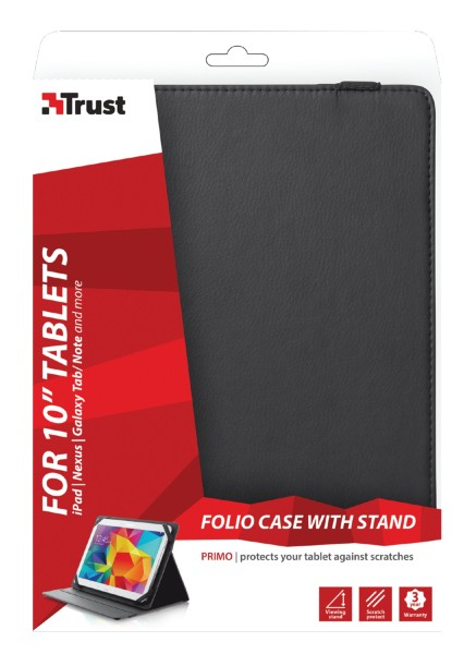 Funda negra para tableta con soporte, con embalaje rojo y blanco. La tableta es visible.