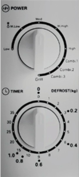 Primer plano del panel de control del microondas con diales para potencia, temporizador y descongelación.