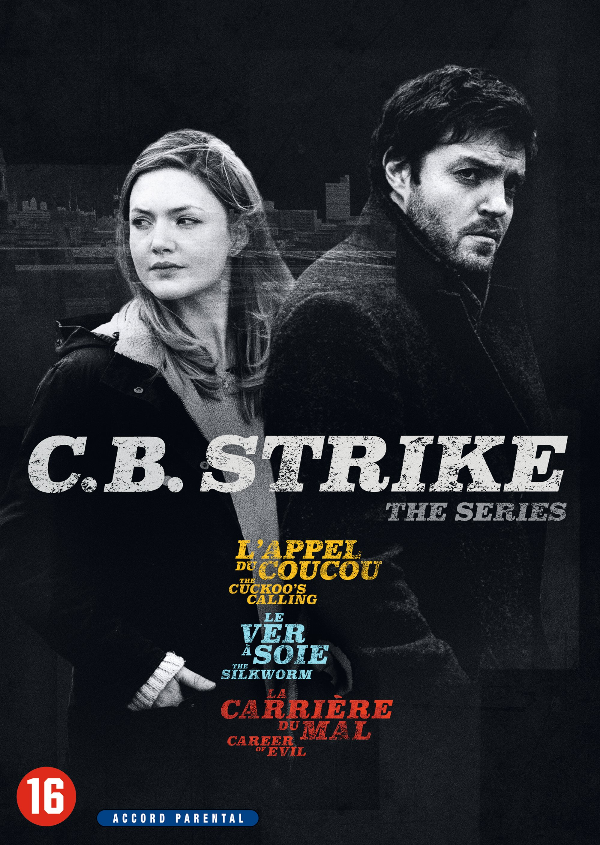 Affiche de la série C.B. Strike. Deux personnes devant un fond urbain. Titre de la série et des livres visibles.