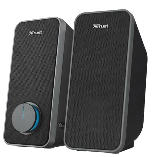 Dos altavoces Trust negros con control de volumen azul. Fondo blanco.