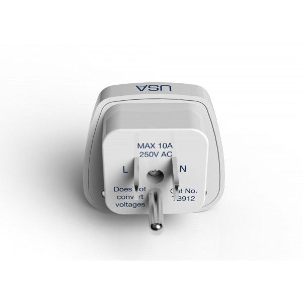 Adaptador de viaje blanco para EE. UU. Tiene 2 clavijas y una sola clavija. Texto: MAX 10A 250V CA.
