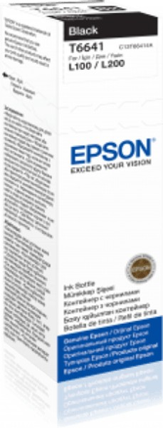 Botella de tinta negra Epson. La botella es blanca con texto negro y detalles azules.