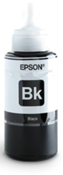 Botella de tinta negra Epson. Tapa blanca y etiqueta con texto Bk. Base negra.