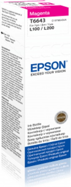 Una botella de tinta magenta Epson con información del producto.
