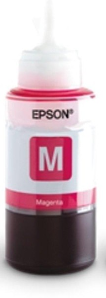 Botella de tinta Epson Magenta. La botella es blanca con una etiqueta 'M' magenta y tinta negra.