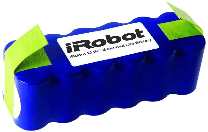 Batería azul iRobot con etiqueta blanca. Cinta adhesiva verde para sellar.