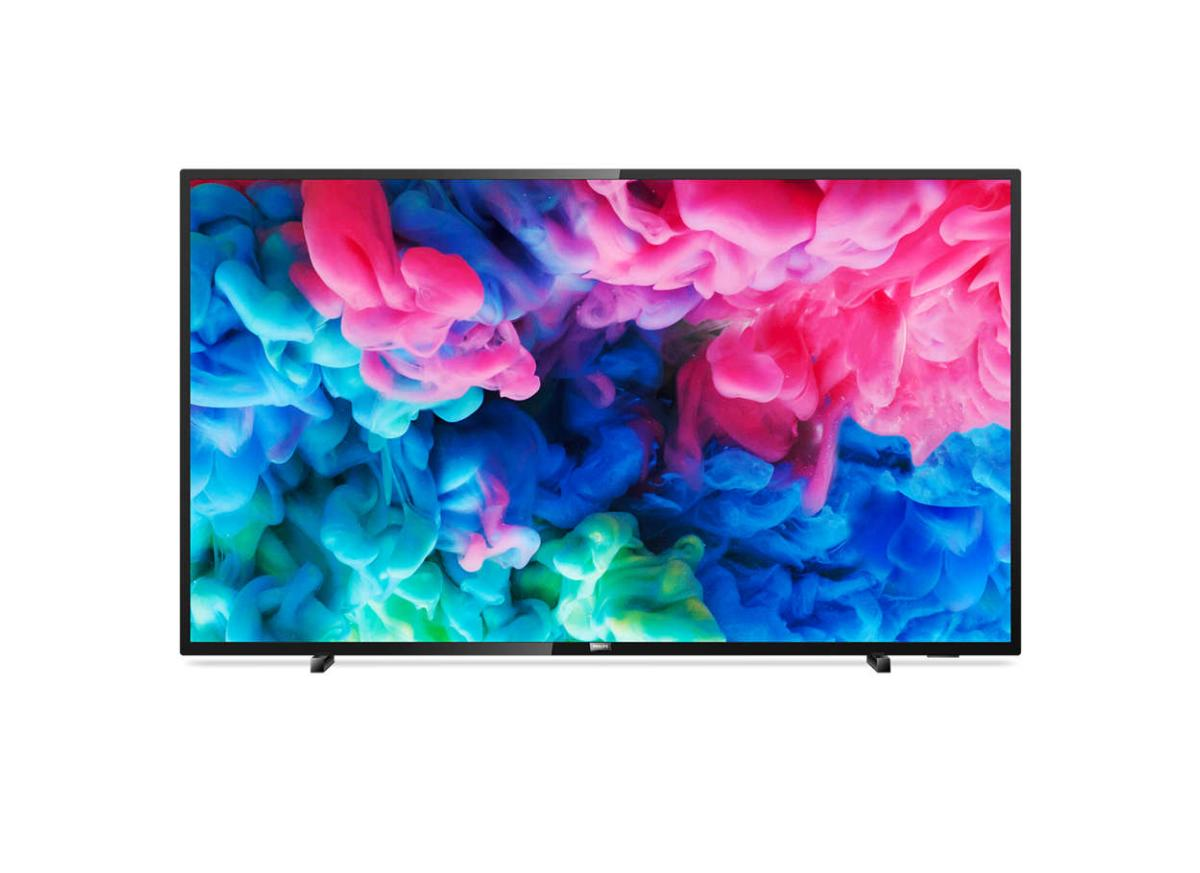 Un televisor de pantalla plana que muestra una imagen colorida y abstracta sobre un fondo blanco.