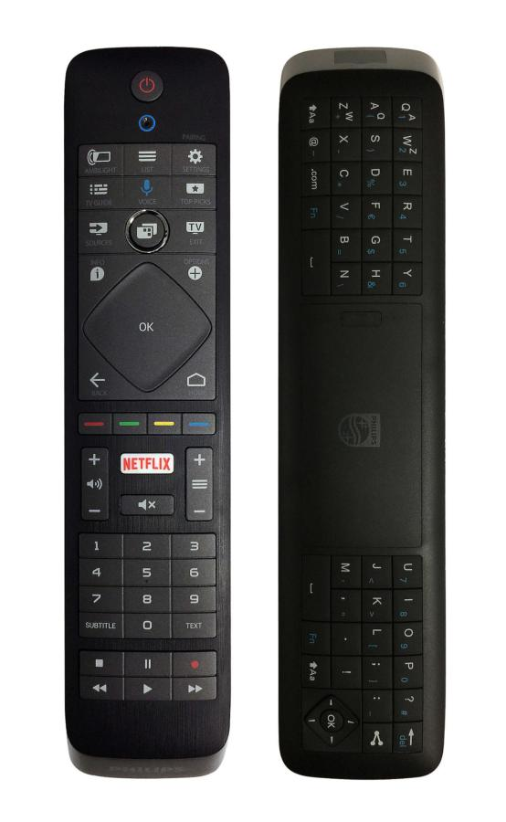 Dos controles remotos negros, uno con botones y otro con teclado.