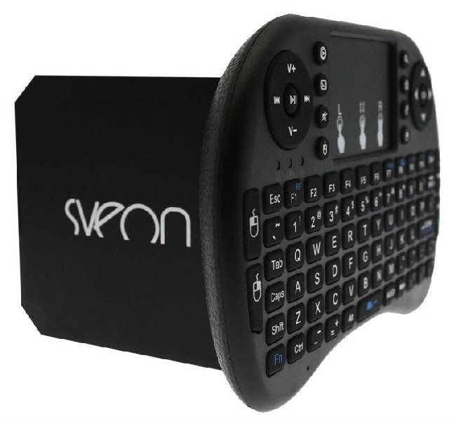 Teclado negro curvo con panel táctil y letras blancas. Logotipo Sveon visible.