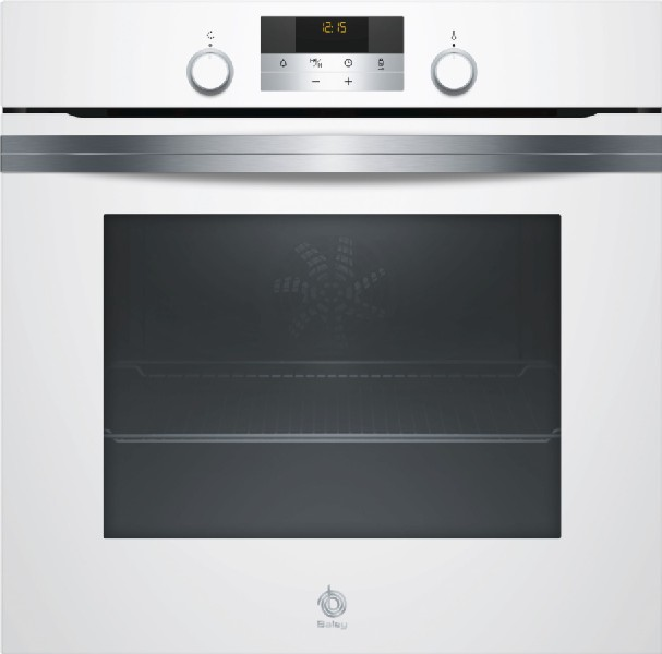 Horno empotrado blanco con pantalla digital. Puerta e interior negros.