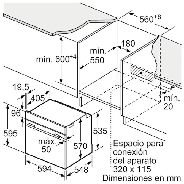Diagrama de horno empotrado y armarios circundantes, con dimensiones en mm.