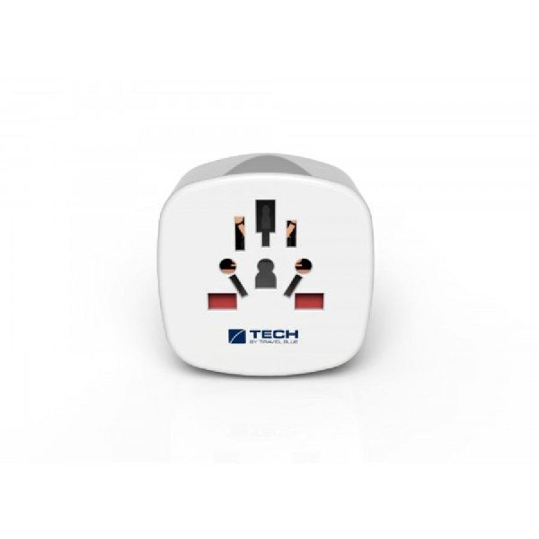 Adaptador de viaje blanco con múltiples enchufes y logo azul 'TECH by TRAVEL BLUE'.