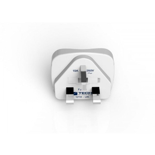 Adaptador de viaje del Reino Unido blanco. Tiene 2 clavijas y 2 orificios rectangulares. Texto: 10A 250V ~.