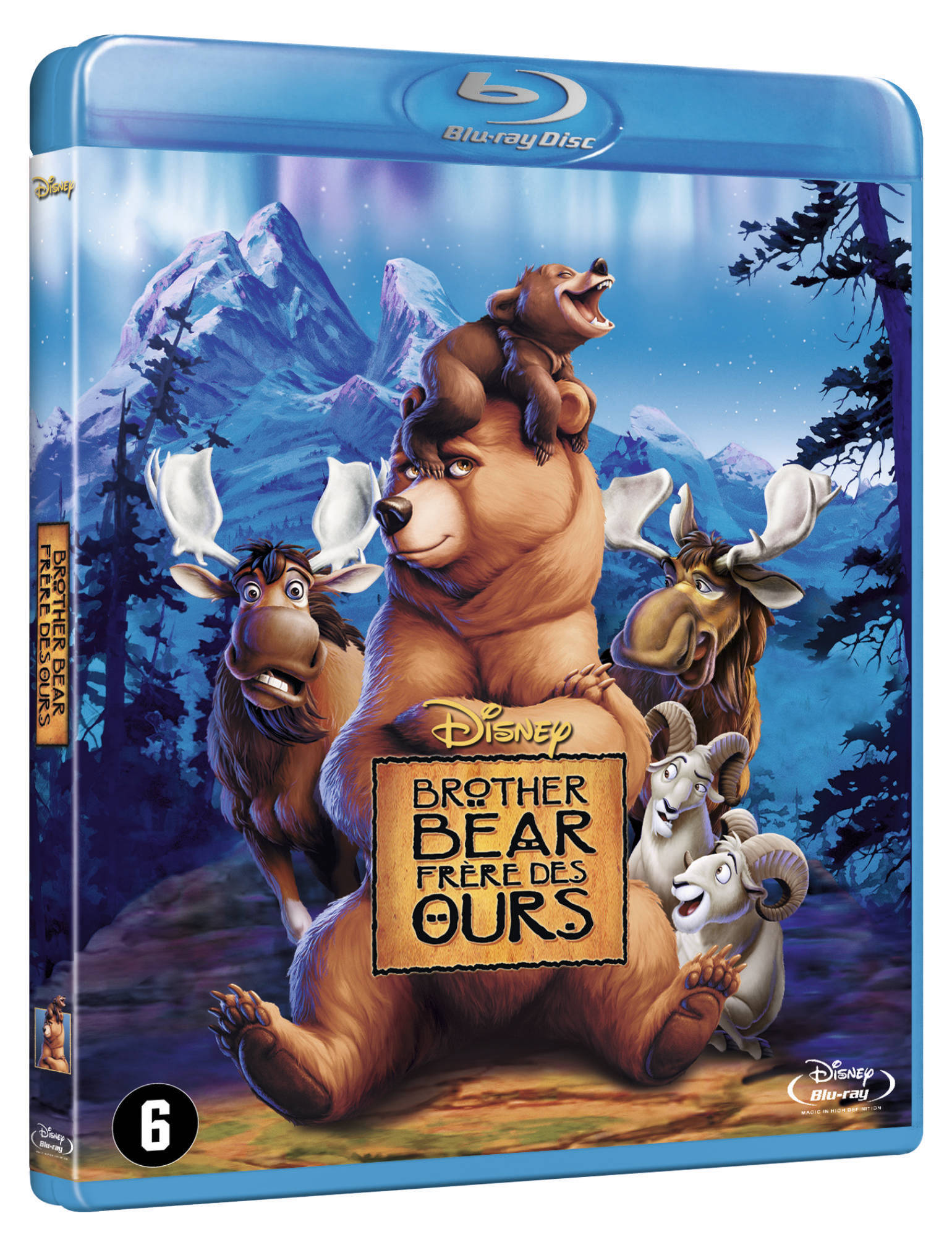Blu-ray-hoes van de film Broederbeer, met beren, elanden en een berglandschap.