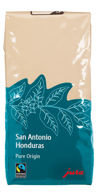 Una bolsa de café San Antonio Honduras con un diseño verde azulado y beige, logo Fairtrade visible.