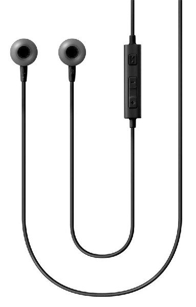 Auriculares grises con un módulo de control negro y cable negro.