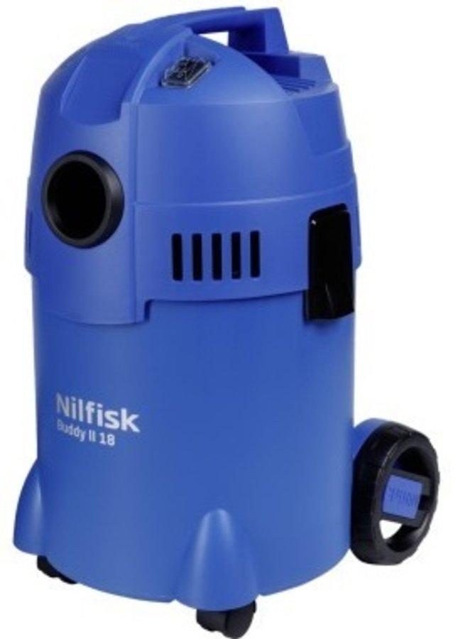 Aspiradora azul Nilfisk Buddy II 18. Cuerpo cilíndrico con ruedas y asa.