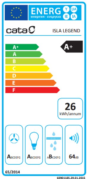Etiqueta de eficiencia energética. Texto: Cata, Isla Legend, A+, 26 kWh/año, 64dB.