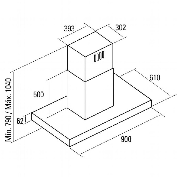 Dibujo técnico de una campana rectangular con dimensiones etiquetadas en milímetros.