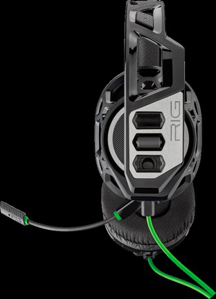 Schwarzes und graues RIG-Gaming-Headset mit grünem Mikrofon und Kabel. Das Headset befindet sich auf schwarzem Hintergrund.