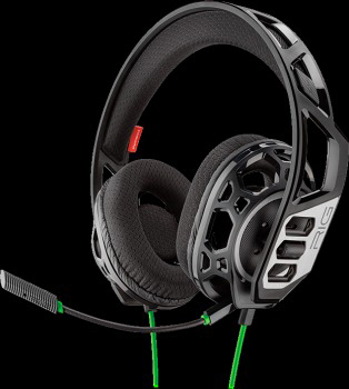 Schwarzes und graues Gaming-Headset mit grünen Akzenten. Mikrofon erstreckt sich von der linken Ohrmuschel.