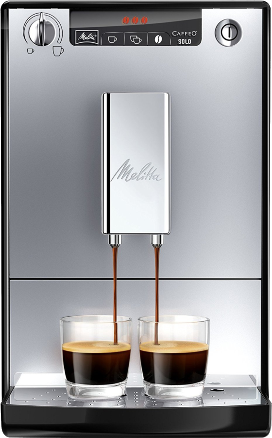 Cafetera espresso Melitta Caffeo Solo dispensando café en dos vasos.