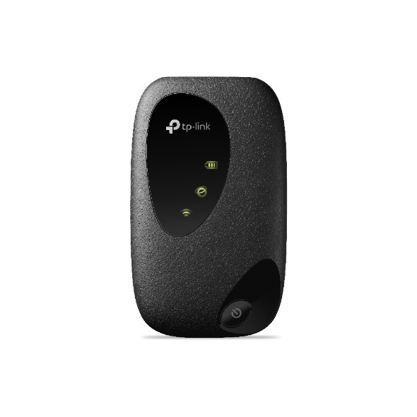 Siyah tp-link taşınabilir yönlendirici. Yeşil ve sarı ışıklar güç ve internet bağlantı durumunu gösterir.