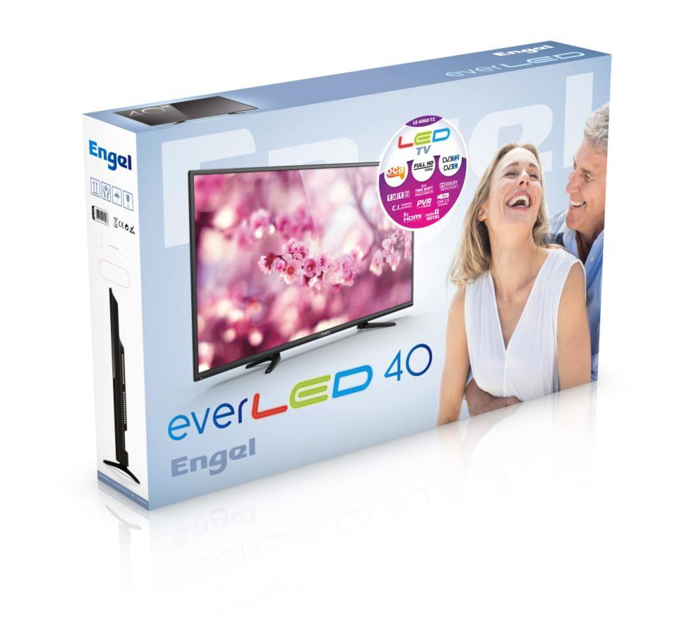 Caja de TV Engel everLED 40, con una imagen de TV y una mujer con un hombre.
