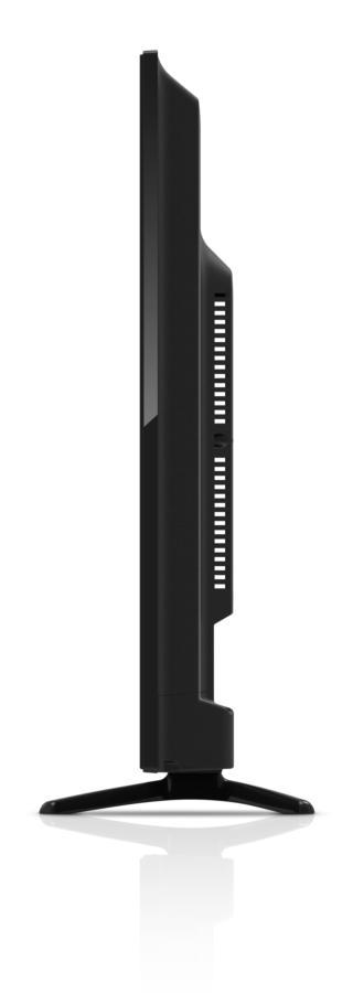 Televisor de pantalla plana negro. Tiene un marco delgado y un soporte. El lado tiene ranuras.