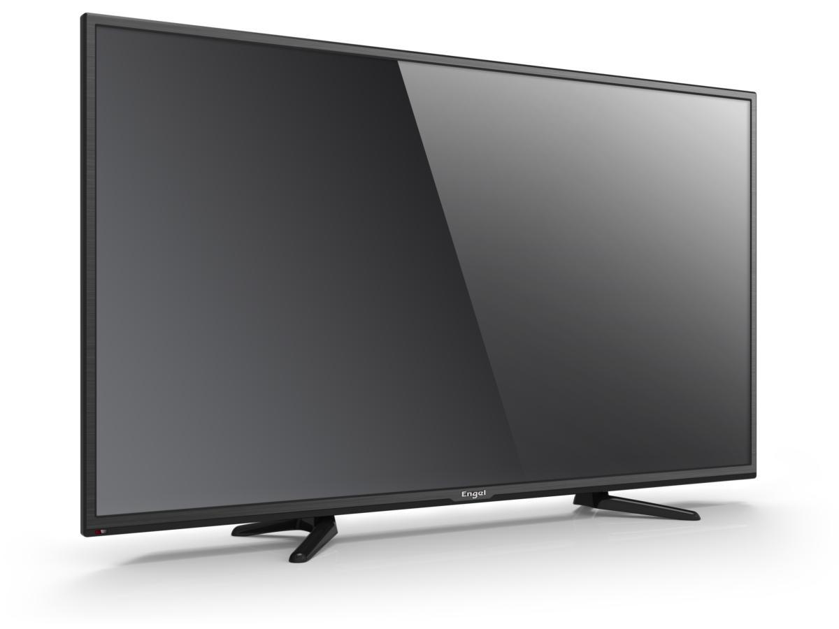 Televisor negro sobre dos patas. La pantalla es visible. Fondo blanco.