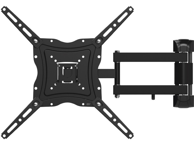 Soporte de pared para TV negro, con brazos metálicos y placa de montaje central.