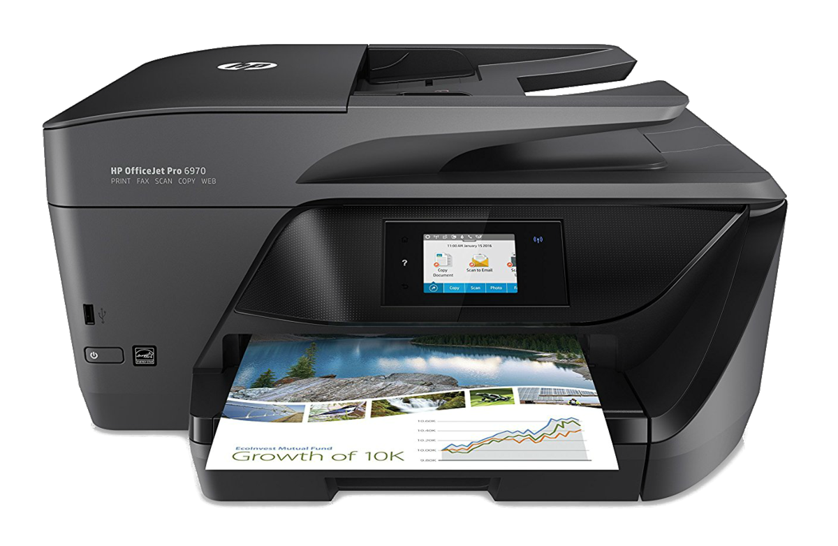 Impresora HP OfficeJet Pro 6970 negra con pantalla que muestra un documento y paisaje.