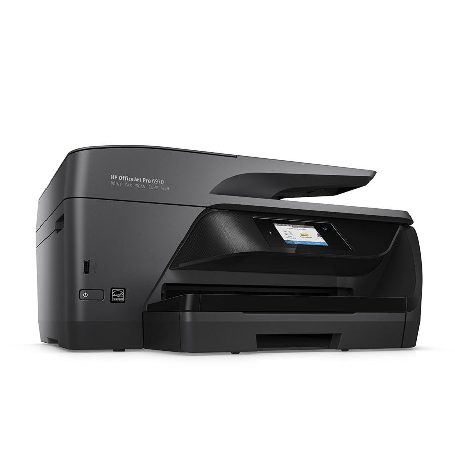 Impresora negra HP OfficeJet Pro 6597D sobre fondo blanco. Tiene una pantalla.