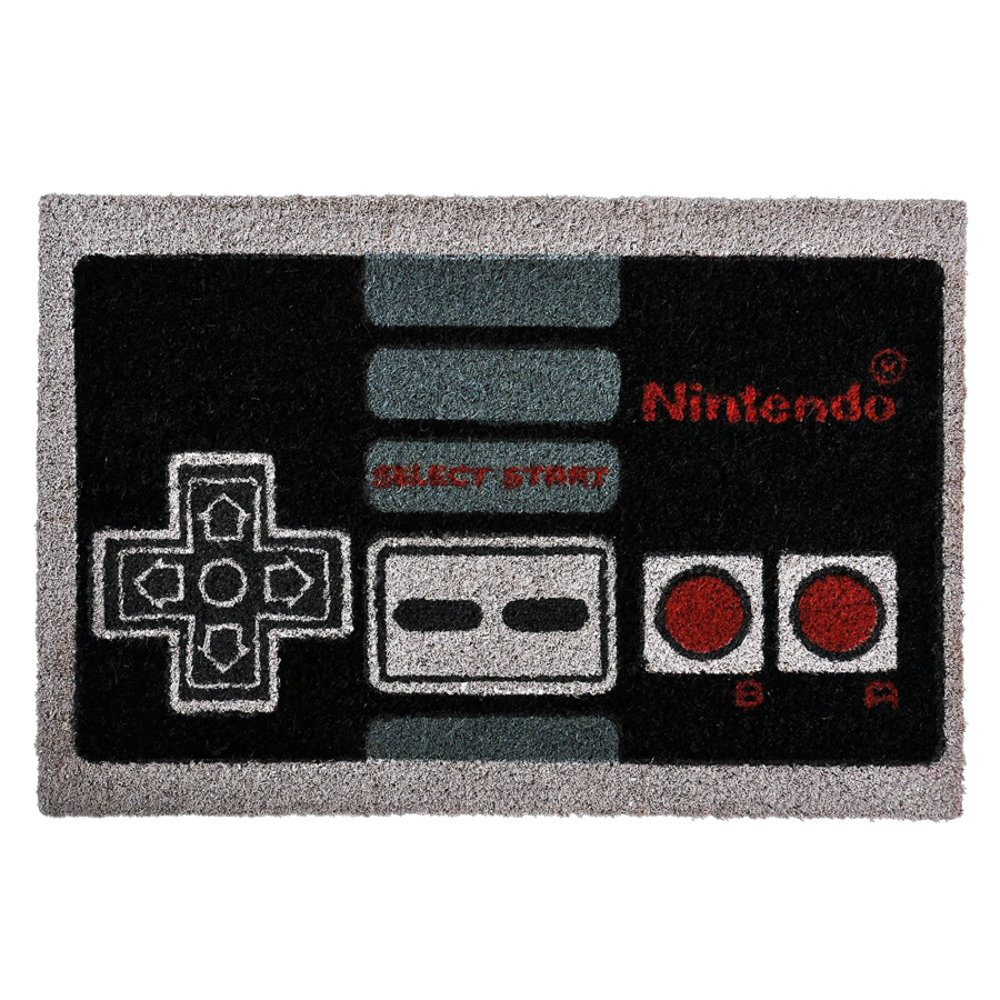 Una alfombra de puerta diseñada como un mando clásico de Nintendo.