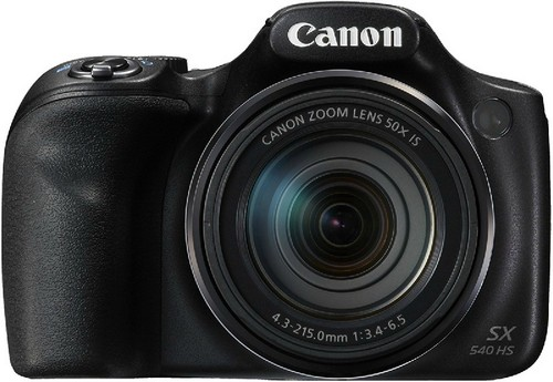 Una cámara Canon negra, con una lente grande y varios diales y botones.