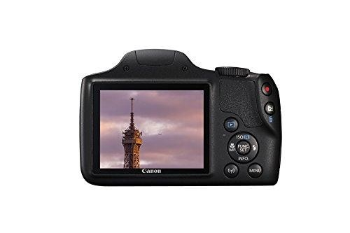 Vista trasera de una cámara Canon negra que muestra una foto de la Torre Eiffel.