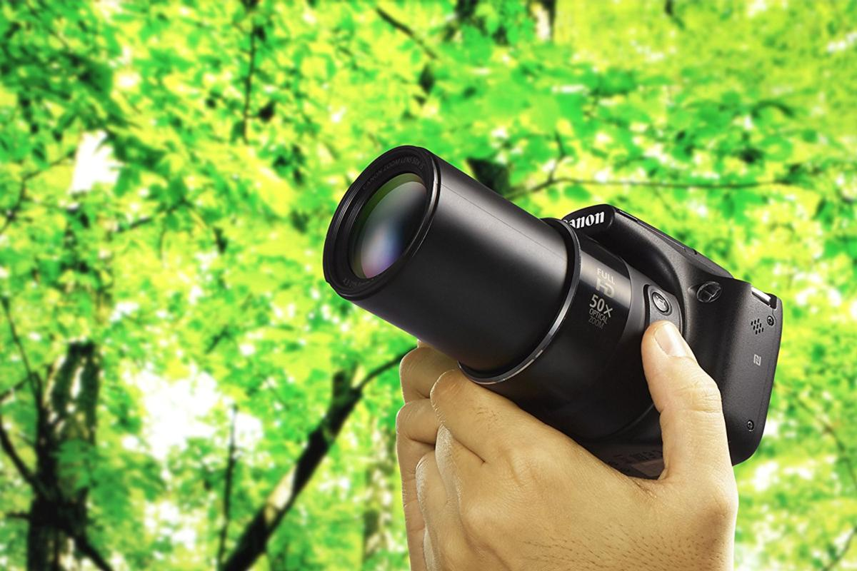 Una persona sosteniendo una cámara Canon, apuntando al fondo de follaje verde.