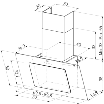 Un esquema de una campana extractora de cocina con medidas y dimensiones. Es un dibujo técnico.