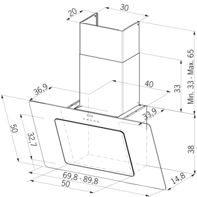 Dibujo técnico de una campana extractora con dimensiones, con fondo blanco.