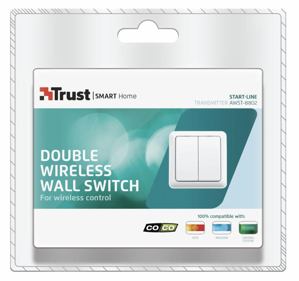 Interruptor inalámbrico - Trust AWST-8802, Doble, Para control inalámbrico de luces, Blanco