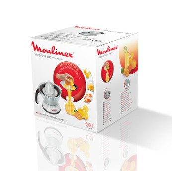 Una caja de exprimidor Moulinex Vitapress 600. La caja muestra un exprimidor con naranjas y zumo.