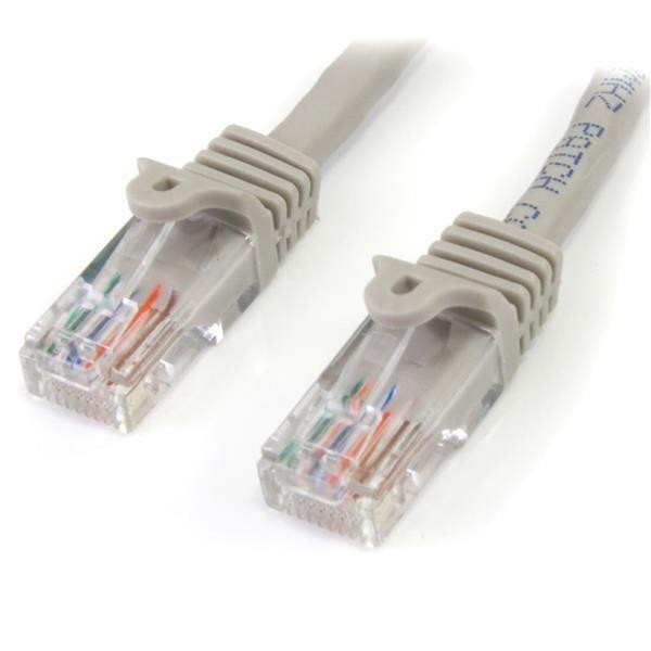Dos cables de red RJ45 grises con conectores transparentes. Los cables están uno al lado del otro.