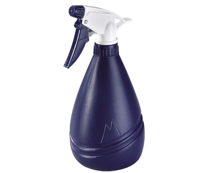 Botella rociadora azul con gatillo blanco y tapa azul-blanca.