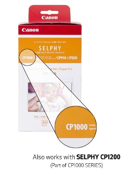 Caja de la impresora fotográfica compacta Canon Selphy, con un primer plano de la etiqueta de la serie CP1000.