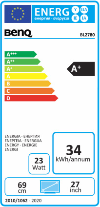Etiqueta energética para un monitor BenQ, mostrando clasificaciones de eficiencia energética y detalles de consumo.