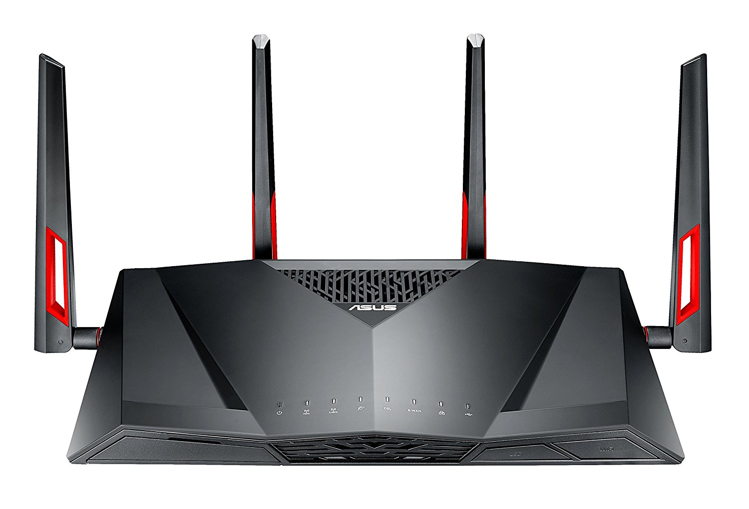 Un enrutador Asus negro con cuatro antenas, dos detalles rojos y una serie de luces en la parte frontal.