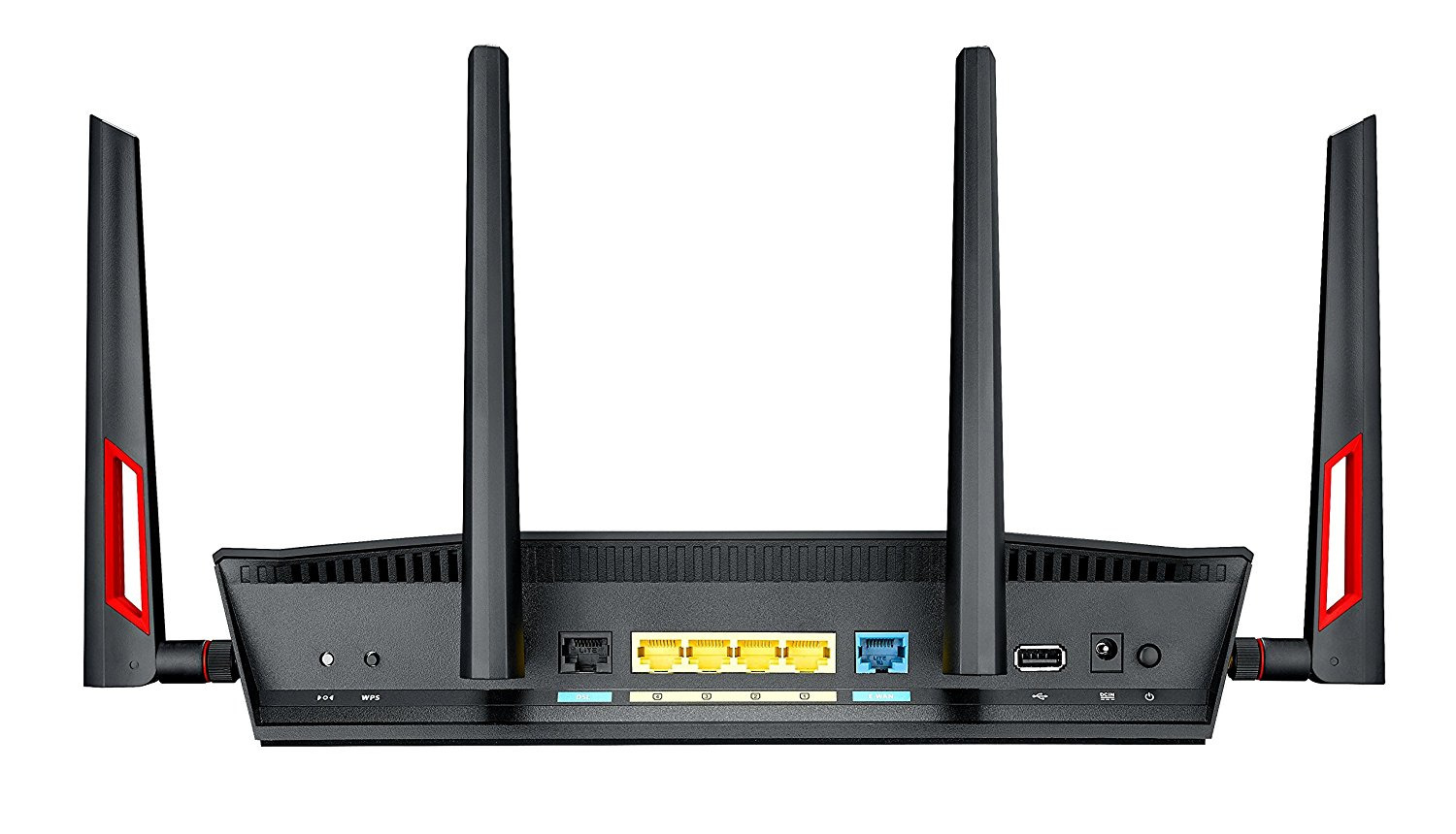 Router negro, vista trasera, con antenas, puertos y detalles rojos.